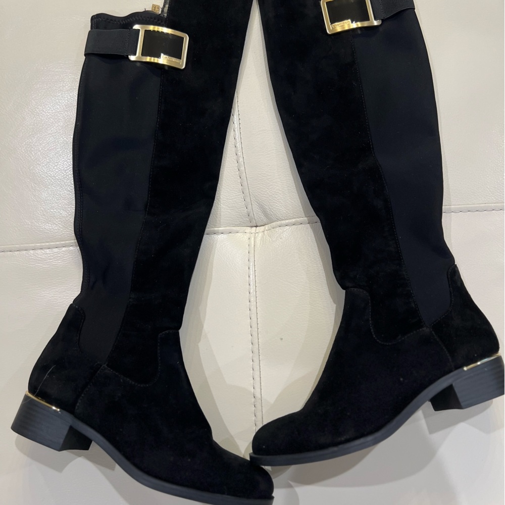 Calvin Klein full zip knee high boots with gold hardware 22” height 2” heel
